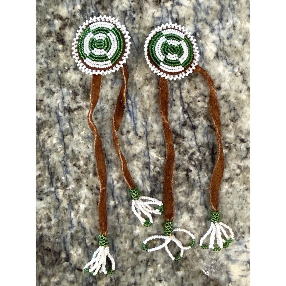 Vtg Native American Style Dangle Beaded and Leather Pierced Earrings